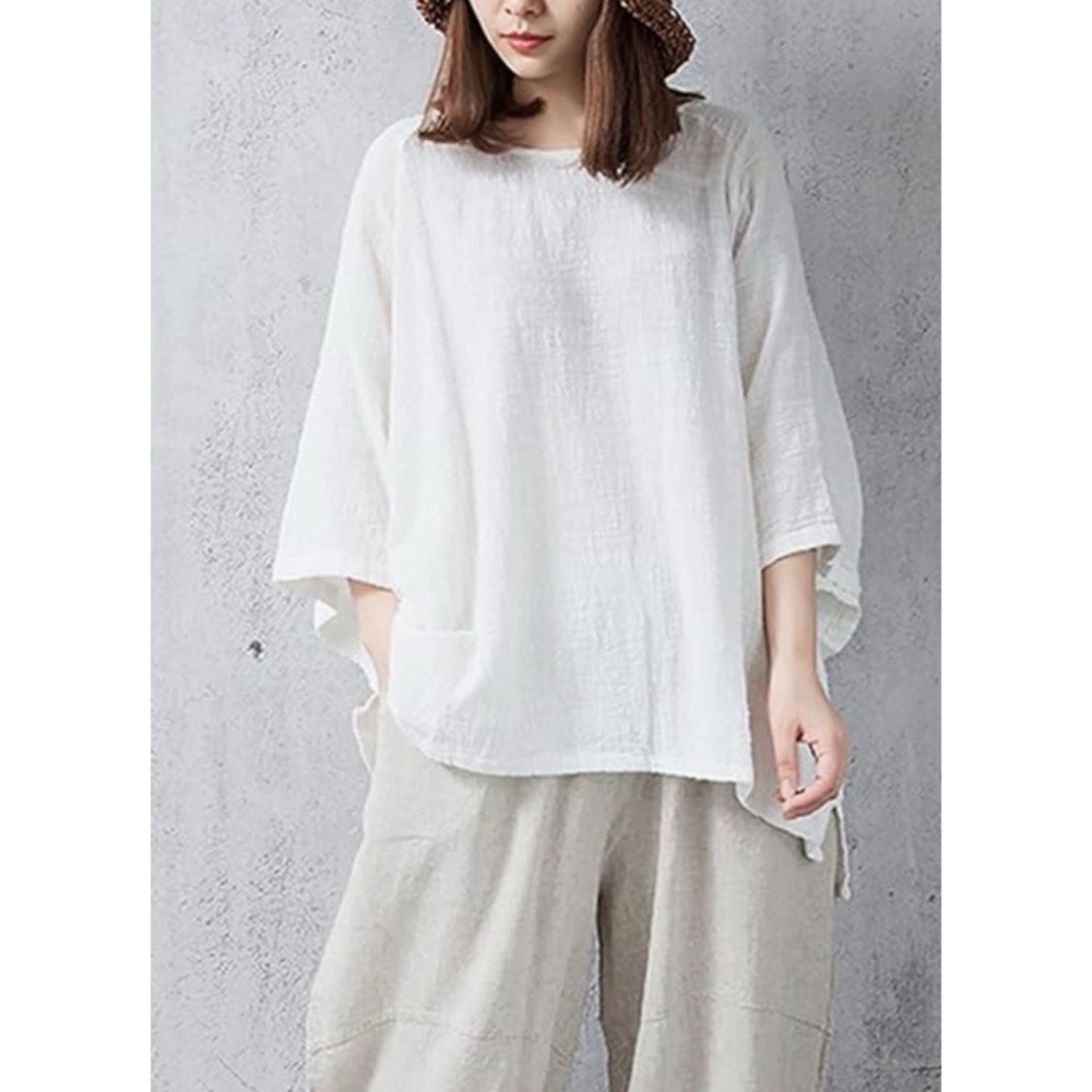 White lagenlook women loose fit top oversized tee S Misslook gauzy cotton sheer - Picture 10 of 10